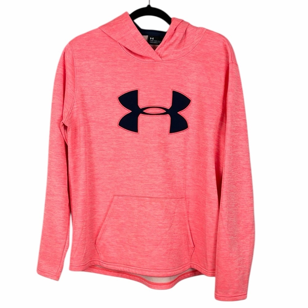 Under Armour Sporty Athleisure Long Sleeve Pocket Hoodie Large Navy Logo Pink
